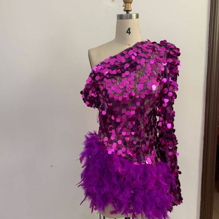 Purple Sequined Feather Skirt One-shoulder Sleeve Short Dress Luxury Party Stage Performance Dress - Royalessencelux