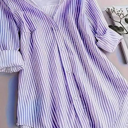 Stripe Print Button Front Blouse, Casual Long Sleeve Blouse For Spring & Fall, Women's Clothing - Royalessencelux