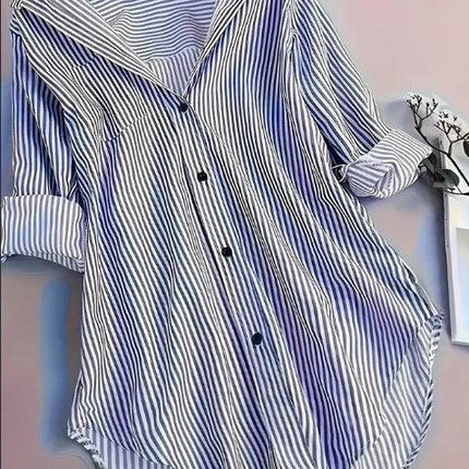 Stripe Print Button Front Blouse, Casual Long Sleeve Blouse For Spring & Fall, Women's Clothing - Royalessencelux