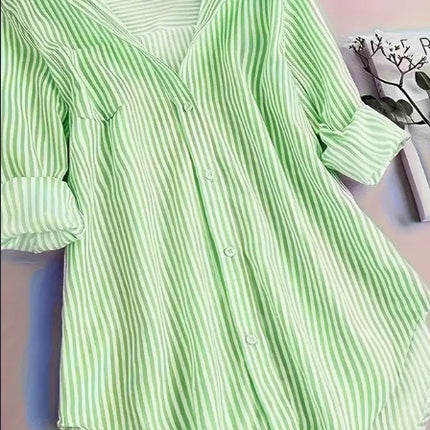 Stripe Print Button Front Blouse, Casual Long Sleeve Blouse For Spring & Fall, Women's Clothing - Royalessencelux