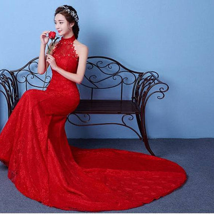 Big Red Wedding Dress Bride Large Size Waist Fishtail Wedding Dress Fishtail Tail Korean Hanging Neck - Royalessencelux