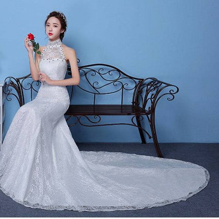 Big Red Wedding Dress Bride Large Size Waist Fishtail Wedding Dress Fishtail Tail Korean Hanging Neck - Royalessencelux