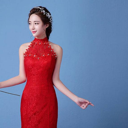 Big Red Wedding Dress Bride Large Size Waist Fishtail Wedding Dress Fishtail Tail Korean Hanging Neck - Royalessencelux