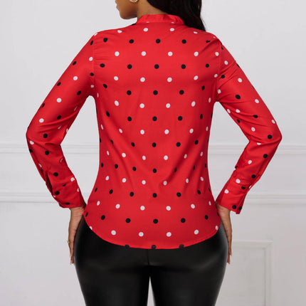 Ladies' Fashionable And Elegant Printed Polka Dot Solid Color Long Sleeved Shirt Top With Elegant Orientation - Royalessencelux
