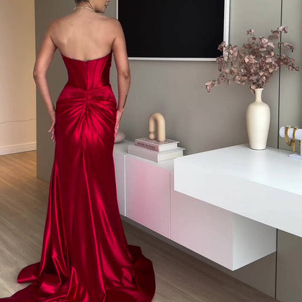 Tube Top Slit Red Extra Long Evening Dress - Royalessencelux
