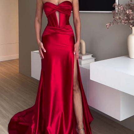 Tube Top Slit Red Extra Long Evening Dress - Royalessencelux