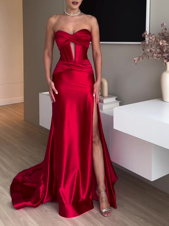 Tube Top Slit Red Extra Long Evening Dress - Royalessencelux