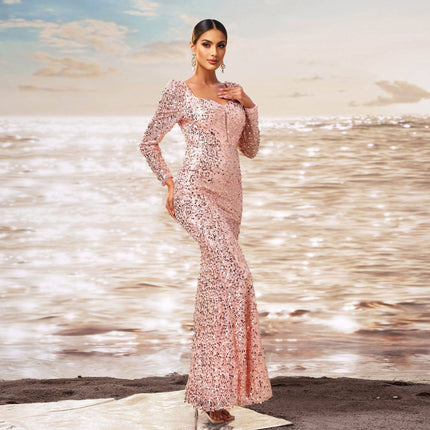 Long Sleeve Square-neck Sequined Sheath Fishtail Evening Dress - Royalessencelux