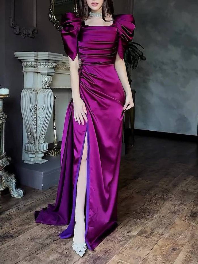 Elegant Puff Sleeve Pleated Slit Maxi Dress - Royalessencelux