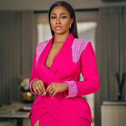 Rose Red Suit Collar Deep V Split High Waist Dress - Royalessencelux