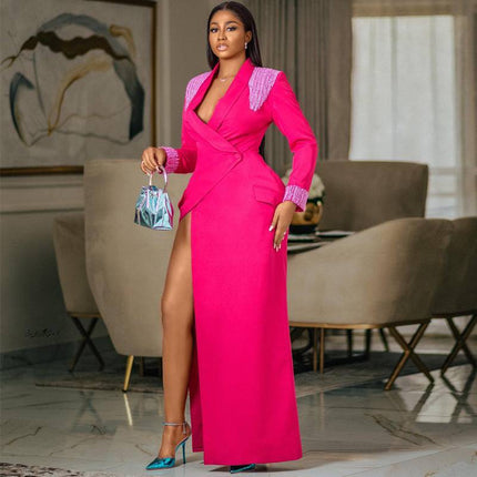 Rose Red Suit Collar Deep V Split High Waist Dress - Royalessencelux