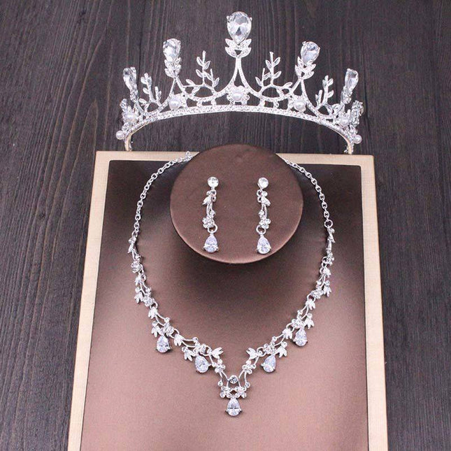 Bridal Rhinestone Crown Necklace Set Wedding Accessories - Royalessencelux