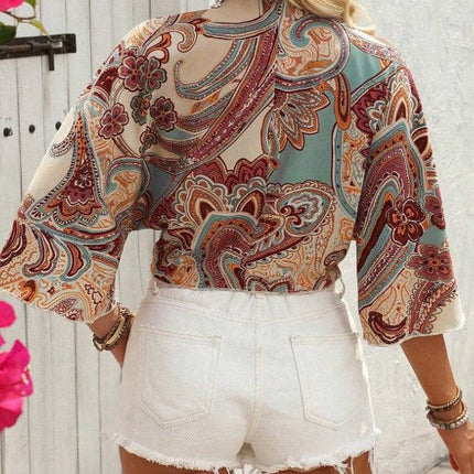 Women Bohemian Style Printed Long Sleeve Tie-Up Top - Royalessencelux