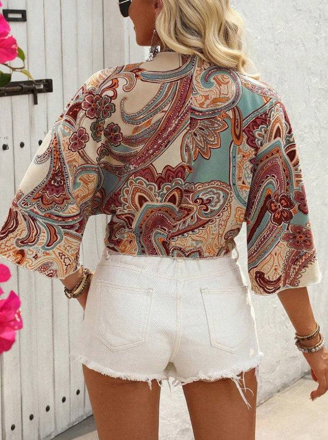 Women Bohemian Style Printed Long Sleeve Tie-Up Top - Royalessencelux