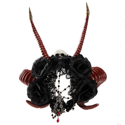 Gothic Dark Devil Horn Skull Halloween Red Antelope Horn Headband - Royalessencelux