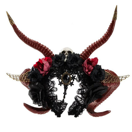 Gothic Dark Devil Horn Skull Halloween Red Antelope Horn Headband - Royalessencelux