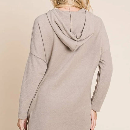 BOMBOM Contrast Drawstring Drop Shoulder Knit Hoodie - Royalessencelux