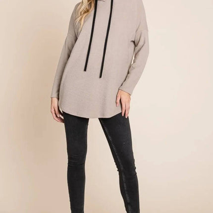 BOMBOM Contrast Drawstring Drop Shoulder Knit Hoodie - Royalessencelux