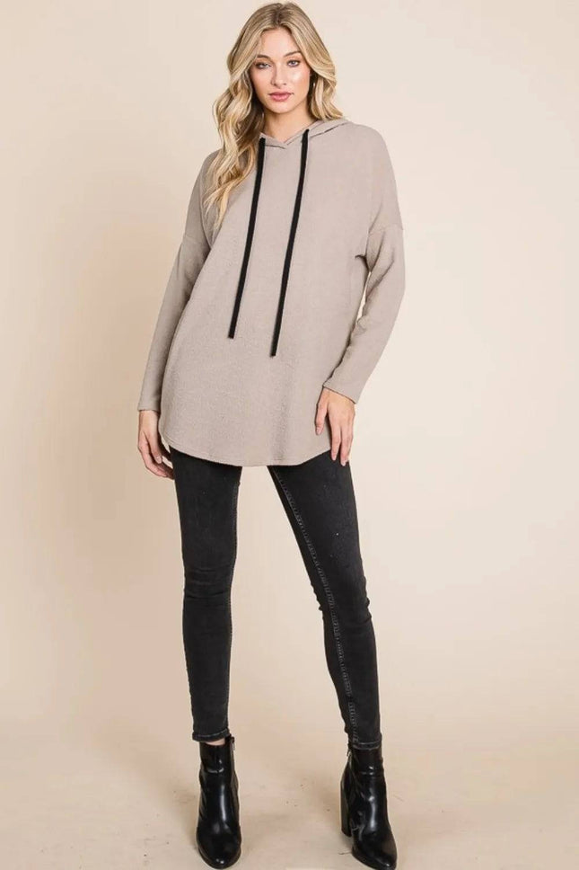 BOMBOM Contrast Drawstring Drop Shoulder Knit Hoodie - Royalessencelux