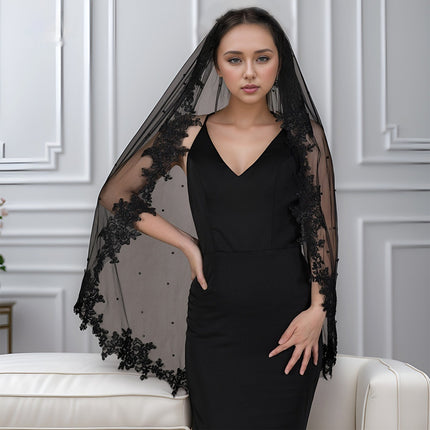 Exquisite Lace Black Veil Pearl Bridal Veil - Royalessencelux