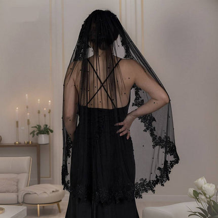 Exquisite Lace Black Veil Pearl Bridal Veil - Royalessencelux