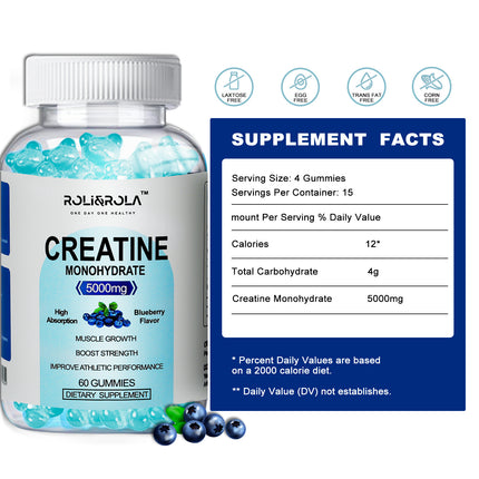 High Strength Creatine Monohydrate Gummies, Blueberry Flavored Creatine Gummies Monohydrate - 60 Gummies X 2 Bottles - Royalessencelux