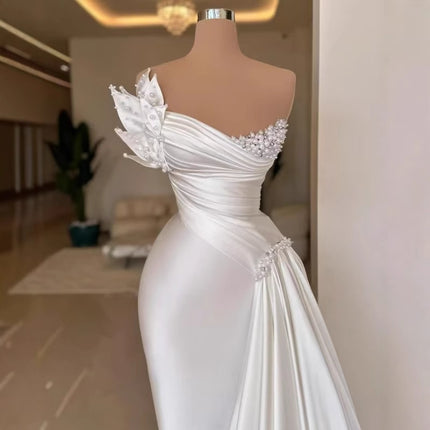 White Graceful Satin Simple Lightweight Wedding Dress Long Dress - Royalessencelux