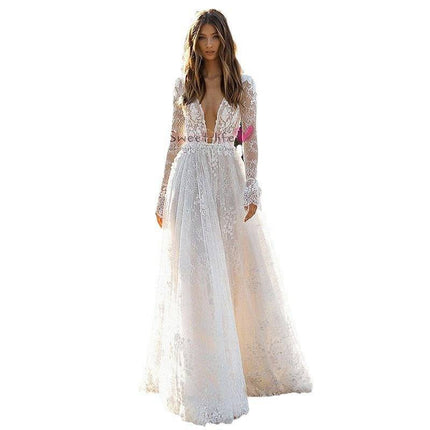 Women's Wedding Dress Lace Long Sleeve Dinner Party Gown - Royalessencelux