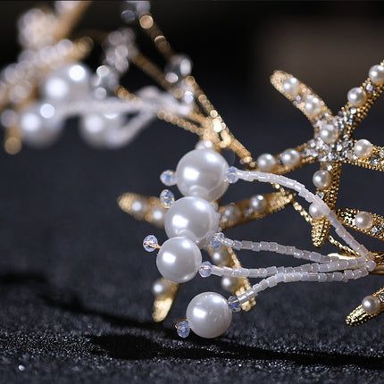 Beautiful Diamond Headband Starfish Pearl Hair Ornament Starfish Wedding Dress Jewelry - Royalessencelux