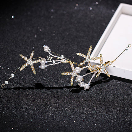 Beautiful Diamond Headband Starfish Pearl Hair Ornament Starfish Wedding Dress Jewelry - Royalessencelux