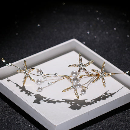 Beautiful Diamond Headband Starfish Pearl Hair Ornament Starfish Wedding Dress Jewelry - Royalessencelux