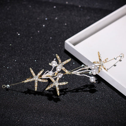 Beautiful Diamond Headband Starfish Pearl Hair Ornament Starfish Wedding Dress Jewelry - Royalessencelux