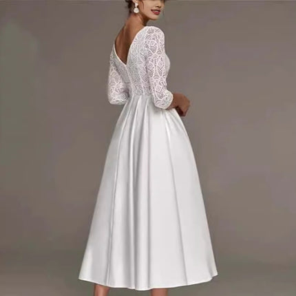 Bridal Deep V-neck Slim Lace Mid-length Long Sleeve Wedding Dress - Royalessencelux