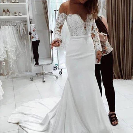 Fashion One Shoulder Lace Long Sleeve Dress Mopping Wedding Dress - Royalessencelux
