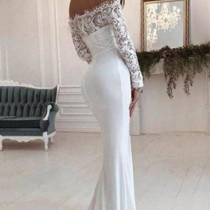 Fashion One Shoulder Lace Long Sleeve Dress Mopping Wedding Dress - Royalessencelux