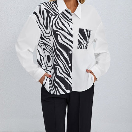 Ladies' Collar Print Button Chest Pocket Fashionable Shirt - Royalessencelux