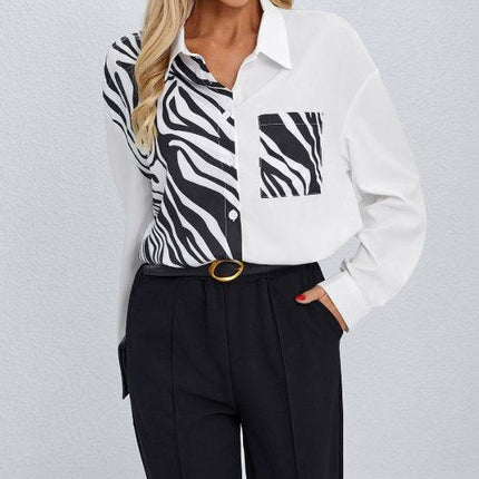 Ladies' Collar Print Button Chest Pocket Fashionable Shirt - Royalessencelux