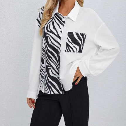 Ladies' Collar Print Button Chest Pocket Fashionable Shirt - Royalessencelux