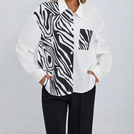 Ladies' Collar Print Button Chest Pocket Fashionable Shirt - Royalessencelux