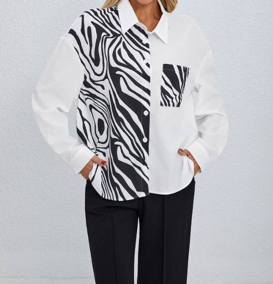 Ladies' Collar Print Button Chest Pocket Fashionable Shirt - Royalessencelux