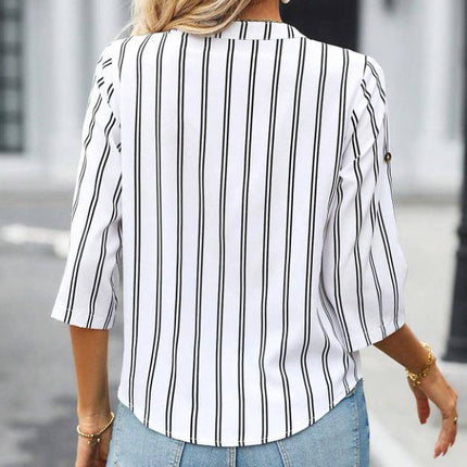 Ladies' Fashionable Printed Striped V-neck Shirt Top - Royalessencelux