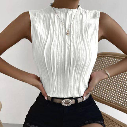 Ladies' Fashionable Versatile Solid Color Pleated Fabric Pleated Collar Detail Off Shoulder Slim Fit Vest Top - Royalessencelux