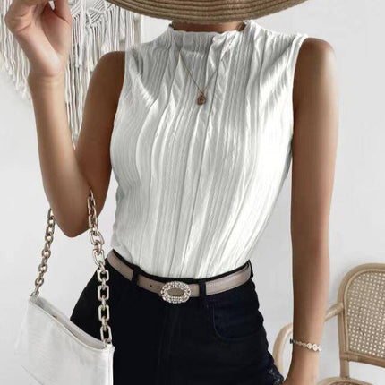 Ladies' Fashionable Versatile Solid Color Pleated Fabric Pleated Collar Detail Off Shoulder Slim Fit Vest Top - Royalessencelux