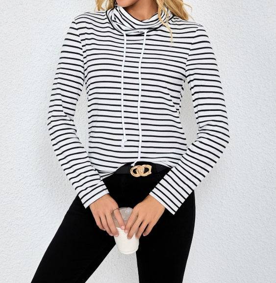 Ladies' Striped High Neck Fashionable Top - Royalessencelux