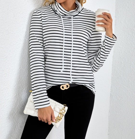 Ladies' Striped High Neck Fashionable Top - Royalessencelux