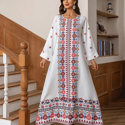 Middle Eastern Muslim Women's Rhinestone Bead Decorative Print And Rolled Up Sleeve Dress - Royalessencelux