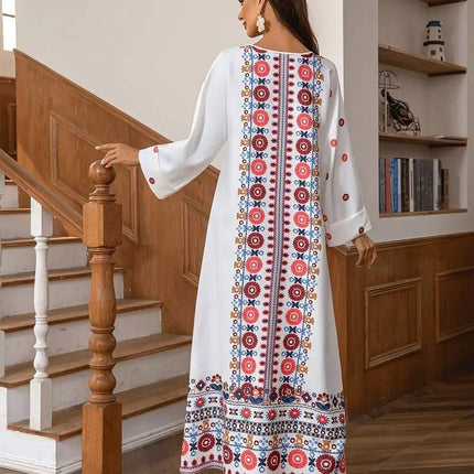 Middle Eastern Muslim Women's Rhinestone Bead Decorative Print And Rolled Up Sleeve Dress - Royalessencelux