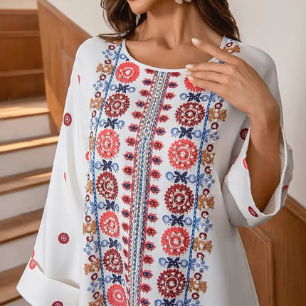 Middle Eastern Muslim Women's Rhinestone Bead Decorative Print And Rolled Up Sleeve Dress - Royalessencelux