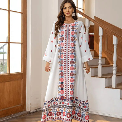 Middle Eastern Muslim Women's Rhinestone Bead Decorative Print And Rolled Up Sleeve Dress - Royalessencelux