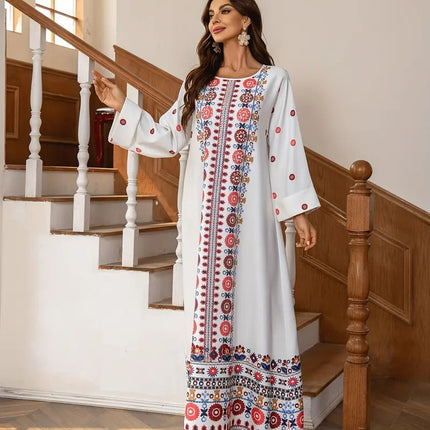 Middle Eastern Muslim Women's Rhinestone Bead Decorative Print And Rolled Up Sleeve Dress - Royalessencelux